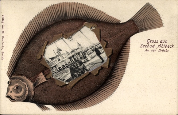 Passepartout Postcard Baltic Sea resort Ahlbeck on Usedom, bridge
