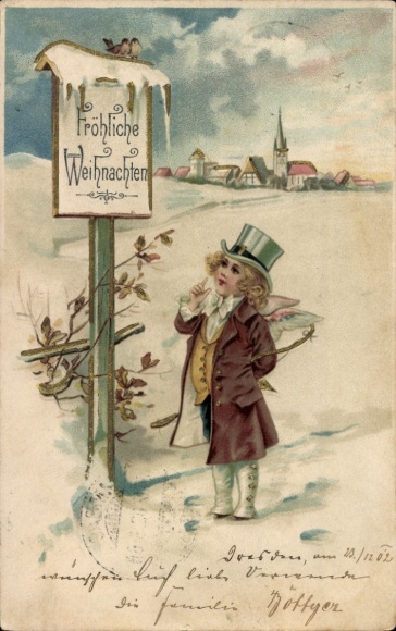 Chromo-Litho Merry Christmas, angel, village idyll