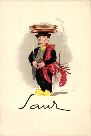 PC The Hague South Holland, Restaurant Saur, Lange Voorhout 51, man with cigar and lobster, advertisement