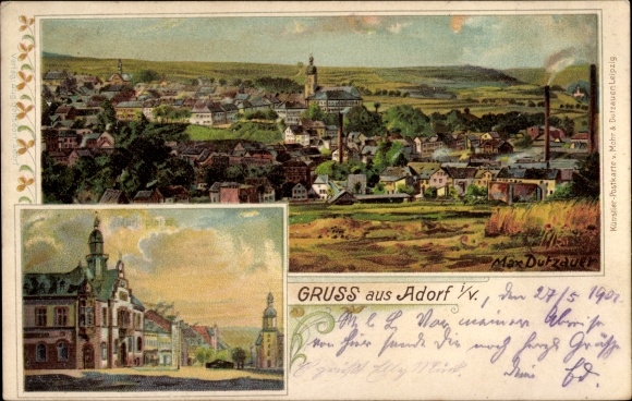 Kunstenaar litho Dutzauer, Max, Adorf im Vogtland, overzicht, marktplein