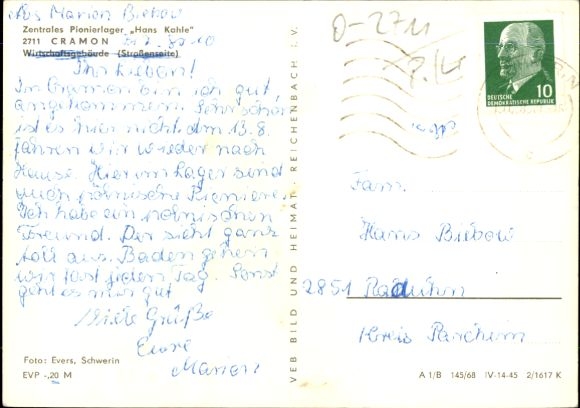 Postcard Cramon Cramonshagen in Mecklenburg, Central Pioneer Camp Hans Kahle