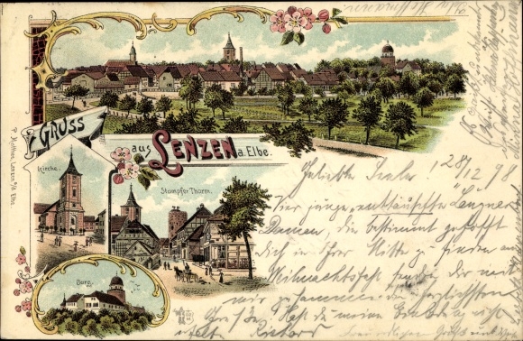 lito Lenzen nad Łabą, widok całkowity, tępa wieża, kościół, zamek