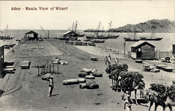 Postcard Aden Yemen, view of the harbor, loaded camels, anchor, cargo