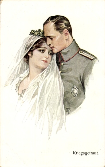 Künstler Ak Kriegsgetraut, Soldat mit Frau, Hochzeitspaar