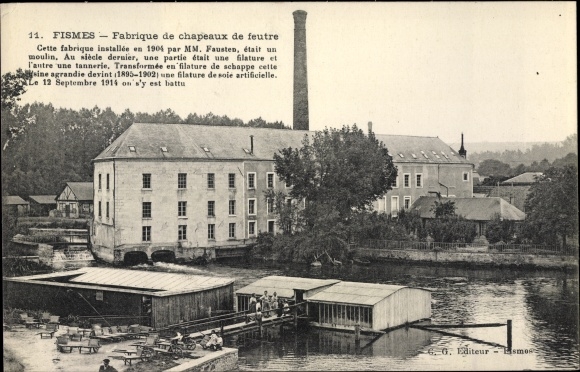 Postcard Fismes Marne, Felt hat factory
