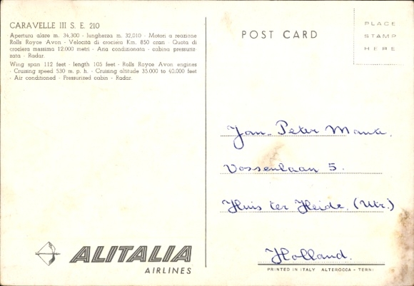 Postcard Italian passenger aircraft Alitalia, Caravelle III SE 210