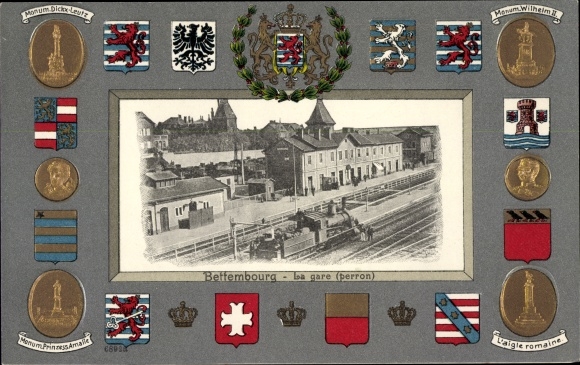 Embossed coat of arms Passepartout Postcard Bettemburg Bettembourg Luxemburg, la Gare, platform