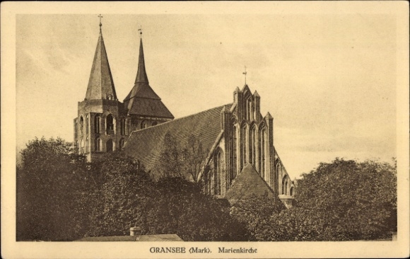 Postcard Gransee, view to St. Mary's Church, trees