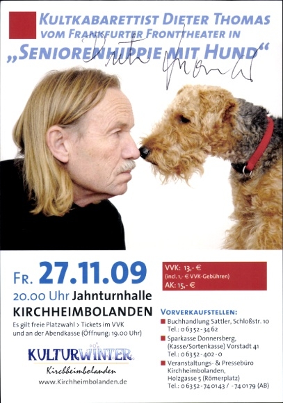 Postcard Cabaret artist Dieter Thomas, portrait with dog, autograph