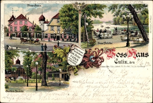 Litho Eutin in Ostholstein, Wohnhaus des Dichters Joh. Heinr. Voss, Brücke, Gartenansicht 