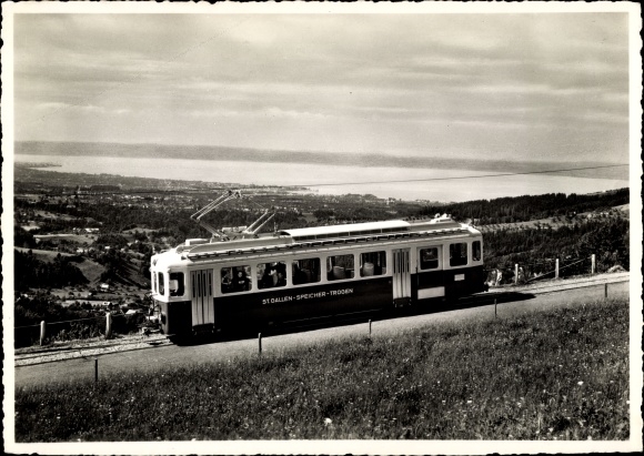 Postcard Sankt Gallen Stadt Schweiz, Elektro Bahn St. Gallen, Speicher, Trogen, Lake Constance