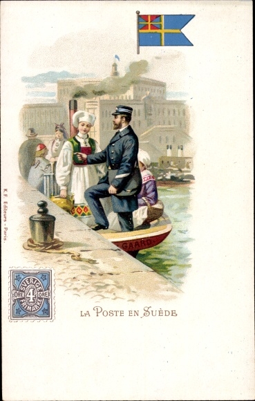Stamps Chromo-Litho Sweden, La Poste en Suède, postman, women in national costumes