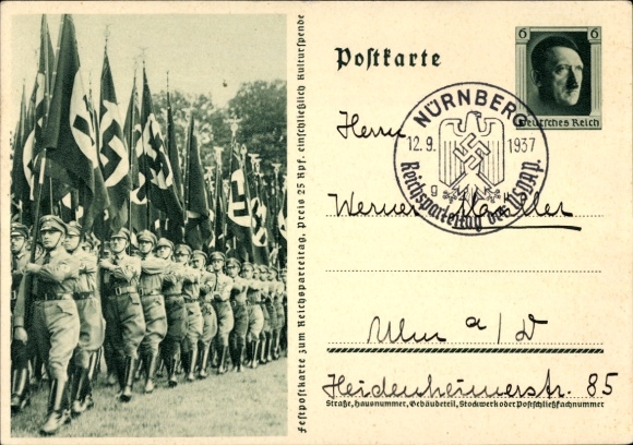 Postal stationery Postcard Nuremberg, Reich Party Rally of the NSDAP 1937, SA men with flags