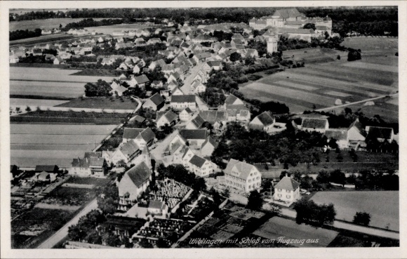 Postcard Wangen im Allgäu, aerial photograph, Wangen, houses, castle, rural surroundings