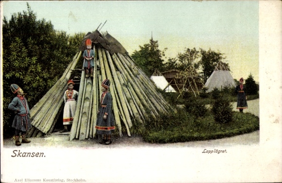 Postcard Skansen Stockholm Sweden, tents, huts, people in traditional costumes