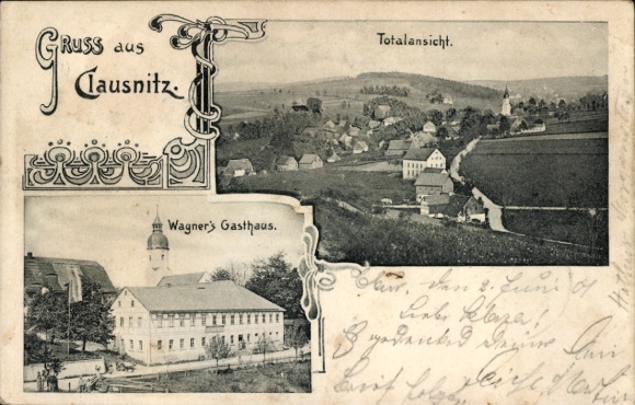 Ak Claußnitz in Mittelsachsen, Gesamtansicht von  Wagner's Gasthaus, ländliche Umgebung