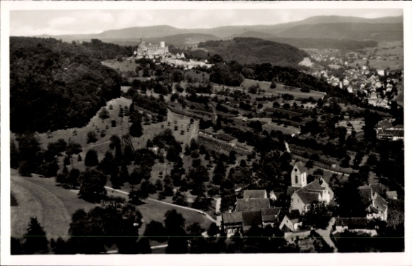 Postcard Rötteln Haagen Lörrach in Baden Württemberg, aerial photograph, Rötteler Castle in Wiesental