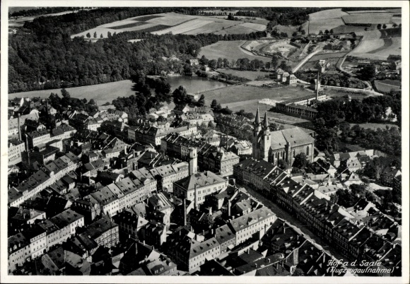 Postcard Hof an der Saale Upper Franconia Bavaria, Hotel Strauß, aerial photograph