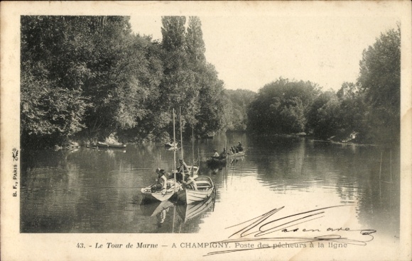 Ak Champigny sur Marne Val de Marne, Flusslandschaft, Boote, Fischer, Bäume
