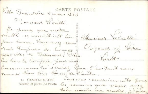 Postcard Cambo les Bains Pyrenees Atlantiques, Fronton and part of Pelota
