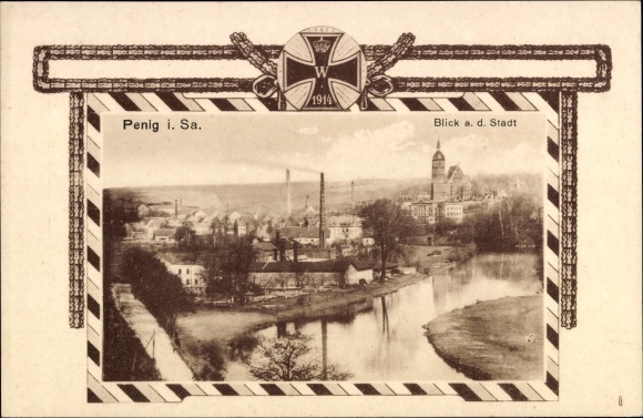 Passepartout Ak Penig in Sachsen, Stadtblick, Eisernes Kreuz