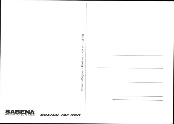 Postcard passenger plane, Sabena, Belgian World Airlines, Boeing 747 300