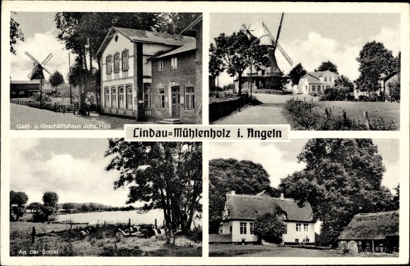 Postcard Lindaumühlenholz Boren fishing, windmill, Schlei, commercial building Johs. Hate