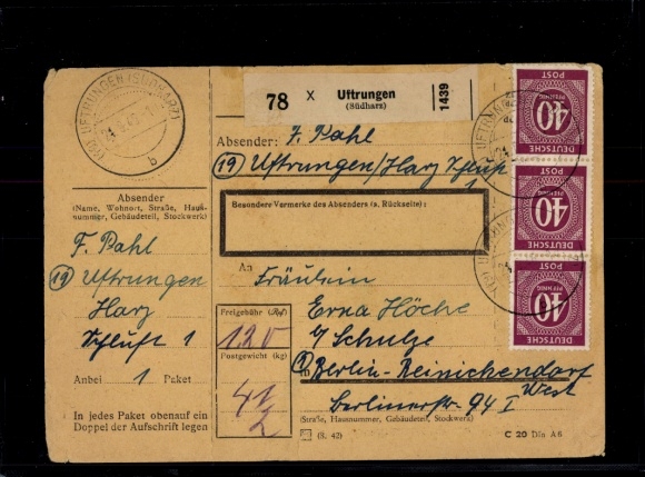 Michel No. 929 on complete parcel card