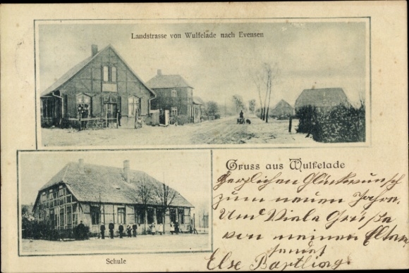 Postcard Wulfelade Neustadt am Rübenberge, school, country road from Wulfelade to Evensen