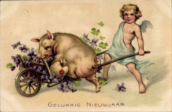 Embossed PC Happy New Year, Angel with Cart, Pig, Clover Leaves