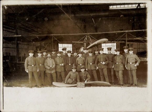 Photo German soldiers in uniforms, hangar, aircraft, biplane, 1st Company, Air Reconnaissance Detachment 8