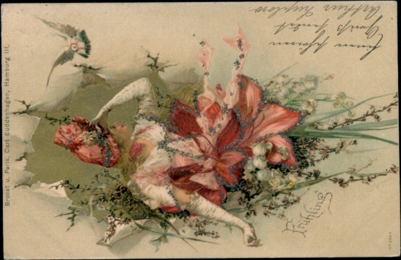Glitter Chromo-Litho Woman Portrait, Flowers, Dove, Allegory, Spring