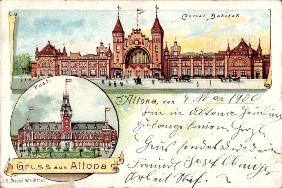 Chromo-Litho Hamburg Altona, Post Office, Central Station