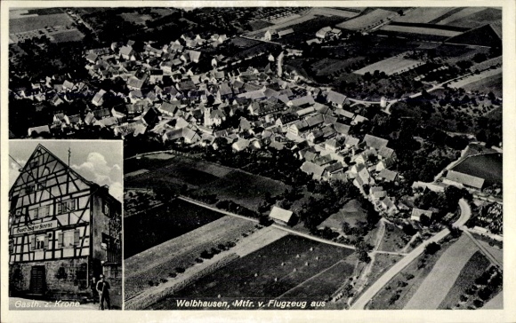 Postcard Weibhausen Wonneberg in Upper Bavaria, aerial photograph, Gasth. z. Krone