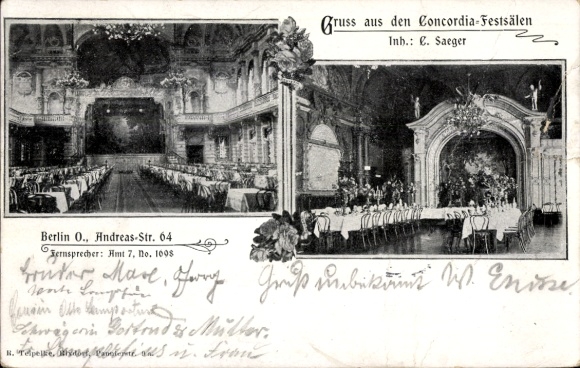 Postcard Berlin Friedrichshain, Concordia Festsäle, Andreasstrasse 64