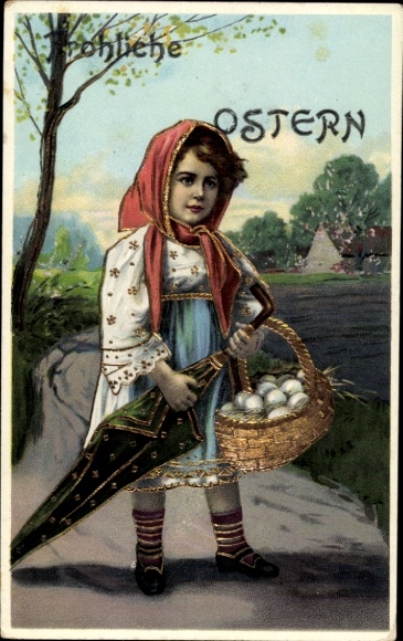 Glitter PC Happy Easter, girl with Easter egg basket, umbrella