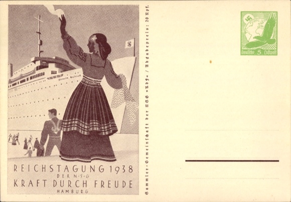 Postal stationery Postcard Hamburg, Reichstagung der NSG KdF 1938, steamer Wilhelm Gustloff