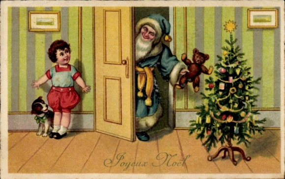 Ak Frohe Weihnachten, Weihnachtsmann mit Teddybär, Tannenbaum, Kind mit Hund
