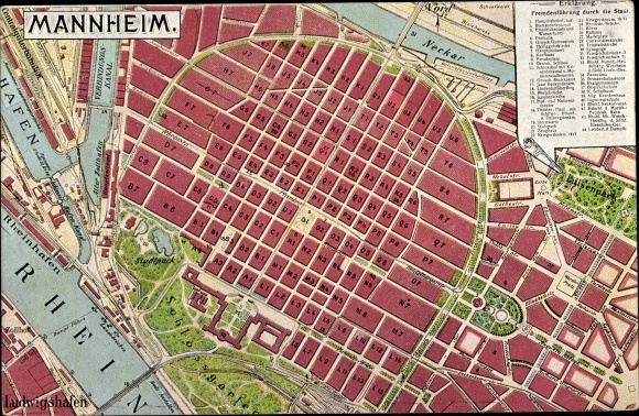 City map Postcard Mannheim in Baden Württemberg, tour guide, Rhine, harbor, castle garden, Luisenpark