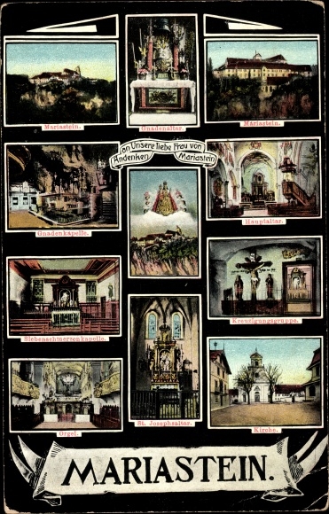 Postcard Mariastein in Tirol, Mariastein pilgrimage church, chapel of grace, organ, church