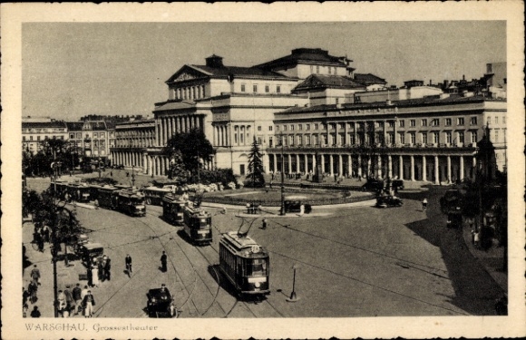 Postcard Warszawa Warsaw Poland, Great Theater, trams