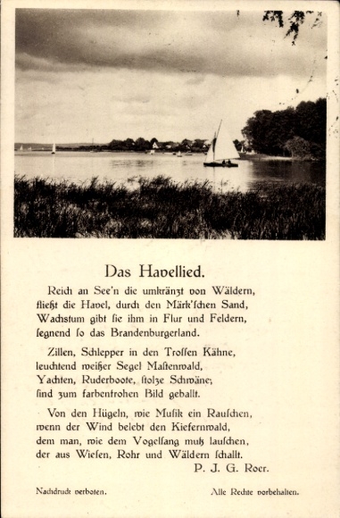 Postcard The Havellied, PJG Roer, sailing boat, panorama