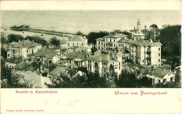 PC Baltic Sea resort Heringsdorf on Usedom, view with Kaiserbrücke, houses, published by Arthur Schus