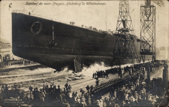 Artist Postcard Schwormstädt, Wilhelmshaven, launch of the cruiser SMS Hindenburg, Imperial Navy
