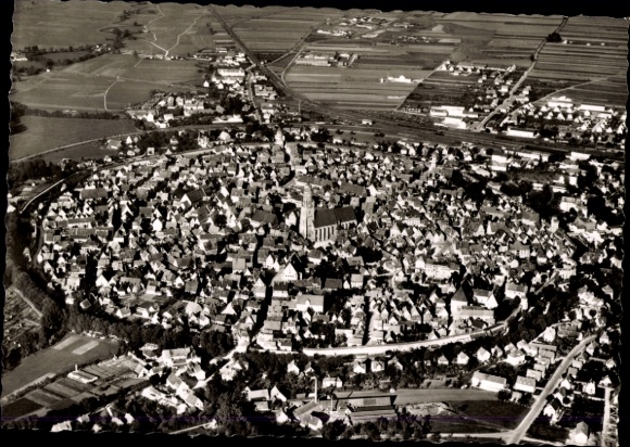 Postcard Nördlingen in Swabia, aerial view of the city, many roofs, church in the center