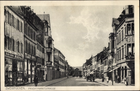 Postcard Zweibrücken in der Pfalz, Fruchtmarktstraße, shops