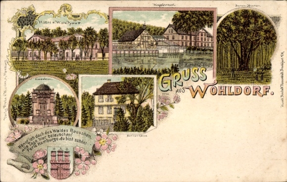 litho Hamburg Wandsbek Wohldorf, Kupferhof, Hotel zum Waldhaus, landhuis, wapen