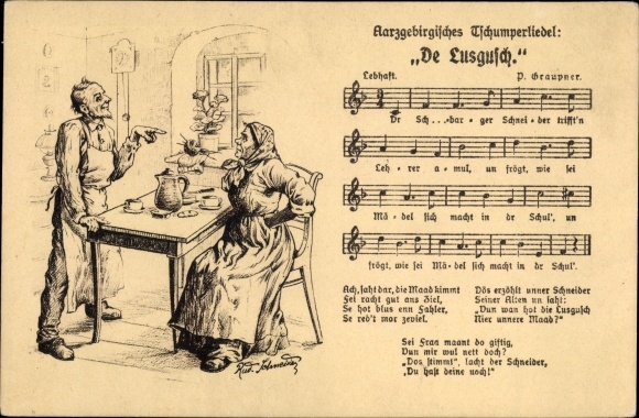 Song artists Postcard Schneider, Rud., Graupner, P., De Lusgusch, Aarzgebirge Tschumperliedel