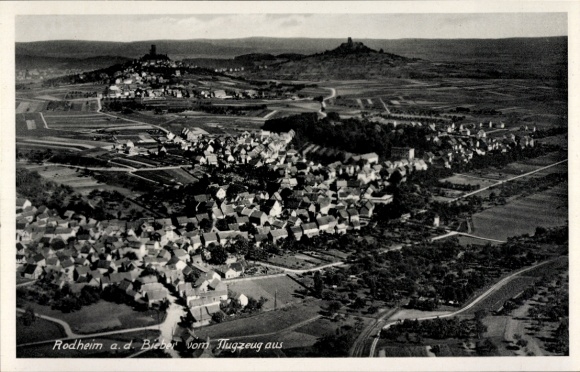 Postcard Rodheim Bieber Biebertal in Hesse, aerial view of buildings and landscape, lettering