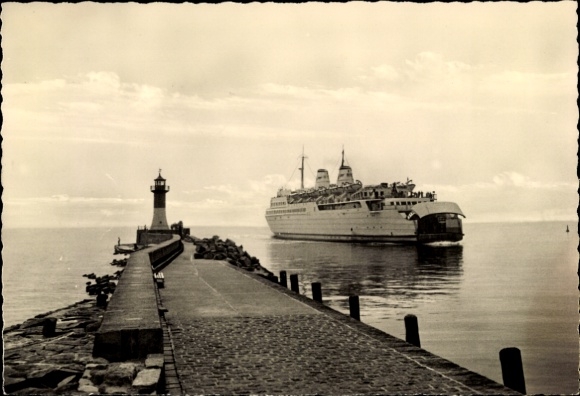 Postcard ferry MS Sassnitz at the exit, signal tower